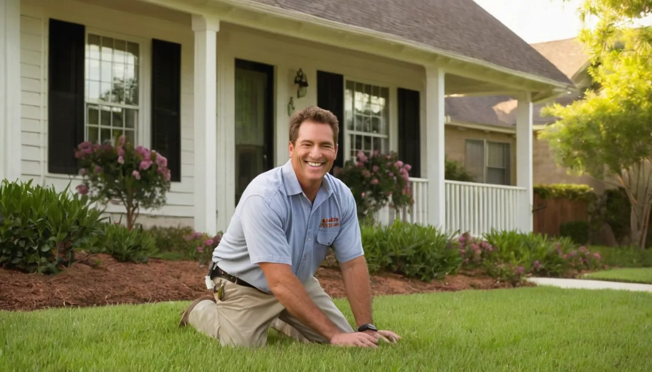 A friendly pest control provider talking with a homeowner at the front door of an older brick home in Frisco